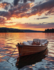 Idyllic Sunset Picnic on Serene Lake in Classic Wooden Rowboat