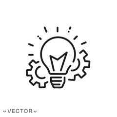 light bulb with gear mechanism, solution idea vector icon, concept of spreading innovation, thin line symbol isolated on white background, editable stroke eps 10 vector illustration
