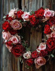 Handcrafted Floral Heart Wreath Adorned with Dew-Kissed Roses Against Rustic Wood