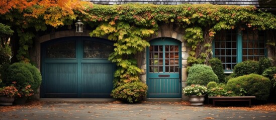 Fototapeta na wymiar Autumn-colored ivy surrounds a wooden garage door.