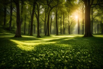 A pristine grassy meadow surrounded by dense trees, with sunlight filtering through the leaves and illuminating patches of the green carpet. - obrazy, fototapety, plakaty