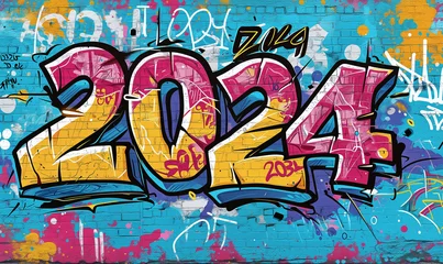 Poster 2024 graffiti on a street wall texture © amavcoffee