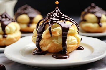 Gourmet delight. Cream puffs elegantly drizzled with luscious chocolate ganache. A tempting treat...