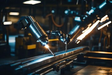 A well-lit photograph showcasing the delicate movements of a robotic welding arm in a manufacturing facility.