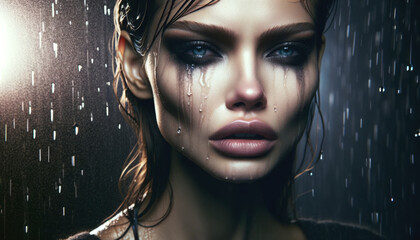 AI generated illustration of a model's tear-streaked face with smeared makeup in the rain