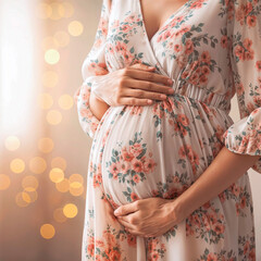 Close up of pregnant woman touching her belly over bokeh background