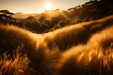 A tranquil hillside covered in a sea of wild grass, with the warm glow of the sun casting a golden hue over the entire serene landscape. - obrazy, fototapety, plakaty