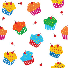 Cupcakes seamless pattern, desserts wallpaper, homemade desserts, cherry,  design for kids, fabric, tablecloth.