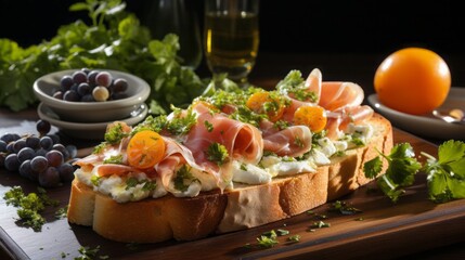 Bruschetta with ham and apricot, white wooden table,