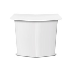 Curved white blank tradeshow promotional table for brand design realistic vector mockup. Portable exhibition counter mock-up. Trade show display stand template