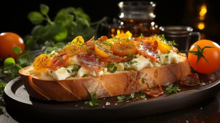 Bruschetta with ham and apricot, white wooden table,