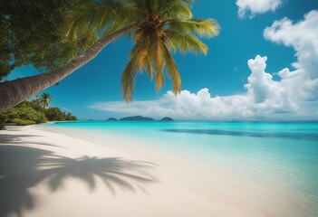Fototapeta na wymiar Beautiful palm tree on tropical island beach on background blue sky with white clouds and turquoise