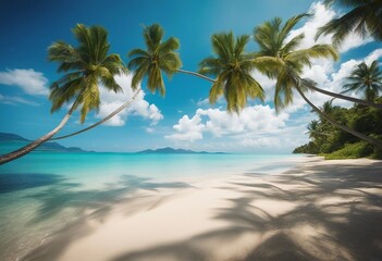 Fototapeta na wymiar Beautiful palm tree on tropical island beach on background blue sky with white clouds and turquoise