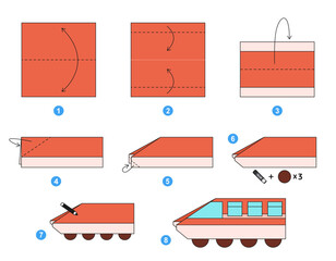 Train origami scheme tutorial moving model. Origami for kids. Step by step how to make a cute origami transport. Vector illustration.