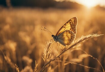 Golden butterfly glows in the sun at sunset macro Wild grass on a meadow in the summer in the rays o