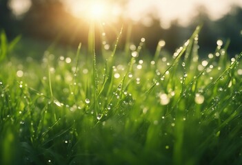 Juicy lush green grass on meadow with drops of water dew in morning light in spring summer outdoors - obrazy, fototapety, plakaty
