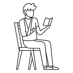 Injured person sitting on chair and reading Book Concept Vector outline Design, Medical and Healthcare Scene Symbol, Diseases Diagnostics Sign, Doctor and Patient Characters Stock Illustration