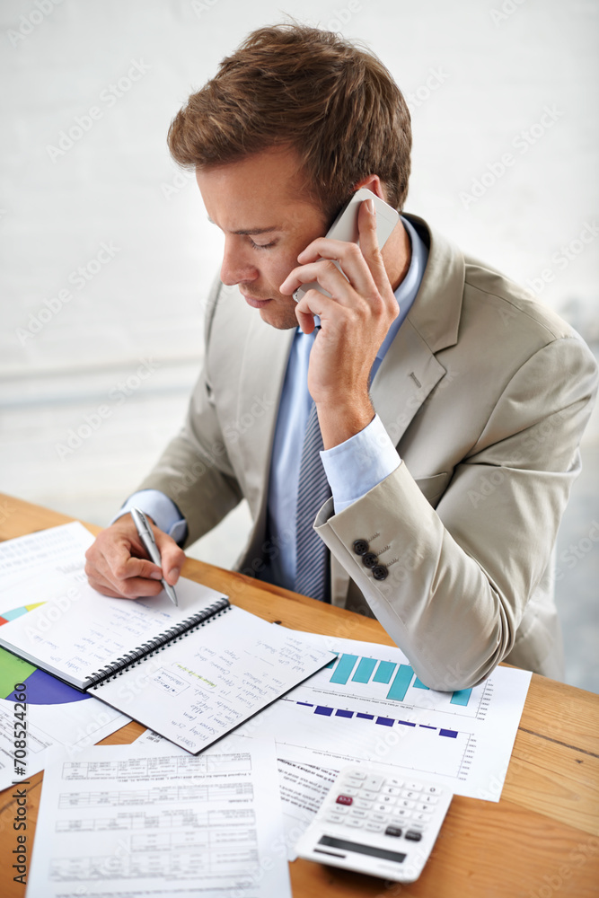 Poster business, phone call and writing of financial documents, statistics or notes for advice, investment 