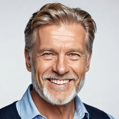 Obraz premium portrait of a handsome senior man smiling with clean teeth, dental advertising, man with stylish hair and beard with strong jawline, isolated on white background