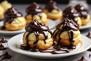 Gourmet delight. Cream puffs elegantly drizzled with luscious chocolate ganache. A tempting treat for dessert-themed projects.