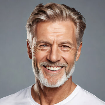 portrait of a handsome senior man smiling with clean teeth, dental advertising, man with stylish hair and beard with strong jawline, isolated on white background