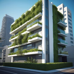 Modern white residential building with walls made of plants, Concept of sustainable lifestyle, ecology and green urban environment,