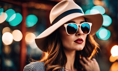 Fototapeta premium Bright trendy fashion image of sexy model, wearing neon bright color block clothes, hat and sunglasses, casual vintage spring style, color pop, city street background, hipster girl posing, fashionista
