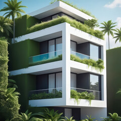Modern white residential building with walls made of plants, Concept of sustainable lifestyle, ecology and green urban environment,