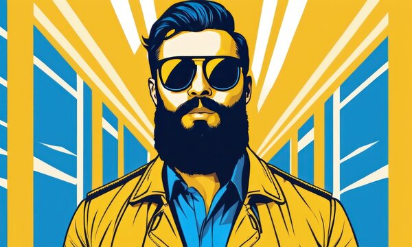 Pop art portrait of a beard man in sunglasses. Yellow and blue abstract hipster. Guy is bright and fashionable. AI