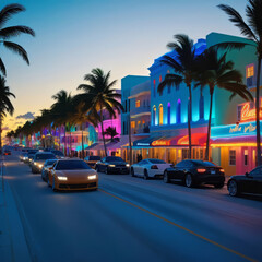 Colorful beach view of Miami South Beach Ocean Drive, Palm trees and colorful beach view of Miami South Beach Ocean Drive,