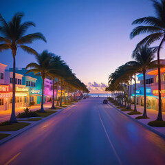 Naklejka premium Colorful beach view of Miami South Beach Ocean Drive, Palm trees and colorful beach view of Miami South Beach Ocean Drive,
