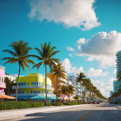 Fototapeta na wymiar Colorful beach view of Miami South Beach Ocean Drive, Palm trees and colorful beach view of Miami South Beach Ocean Drive,