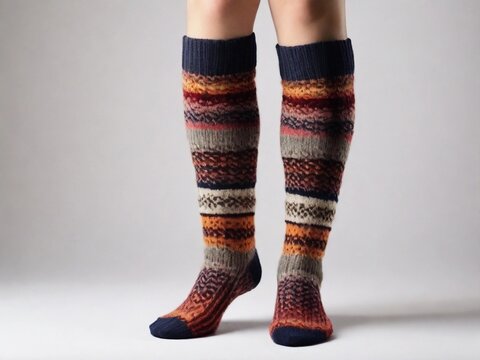 Women's legs in colorful socks on a gray background. Knitted socks