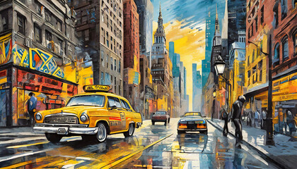 city street in new york city, watercolor art design - obrazy, fototapety, plakaty