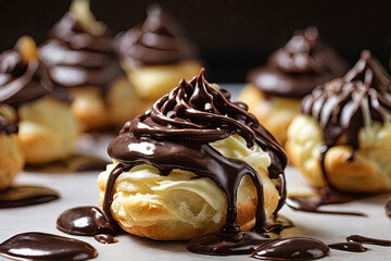 Gourmet delight. Cream puffs elegantly drizzled with luscious chocolate ganache. A tempting treat for dessert-themed projects.