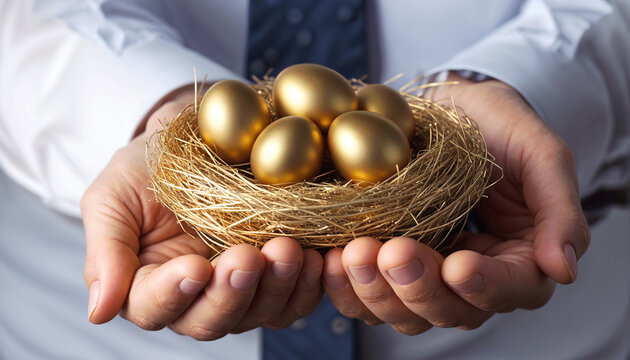 Entrepreneur businessman holds a nest brimming with golden gold eggs