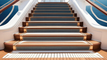 Interior of a luxury cruise ship with stairway and red carpet. Generative AI