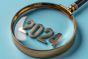 Happy new year 2024 with business concept banner. The big white 2024 year number with Target icon inside the golden magnifying glass on light blue background. Planning for goal and success concepts