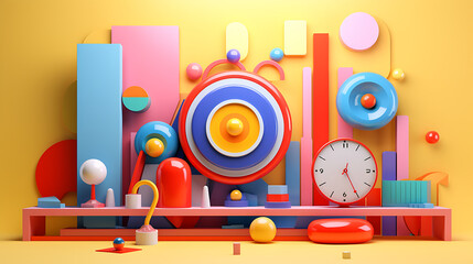 Colorful background realistic decorative design objects 3d render.