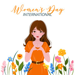 International Women's Day. 8 March. Banner with young woman showing sign of heart. Spring flowers, herbs. Inspire inclusion. Modern vector design for postcard, poster, campaign, social media post. 