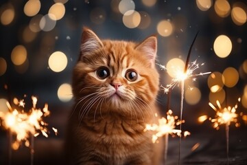 cute ginger cat and sparklers. birthday, cat's day. festive background with bokeh, the atmosphere of celebration of the holiday.