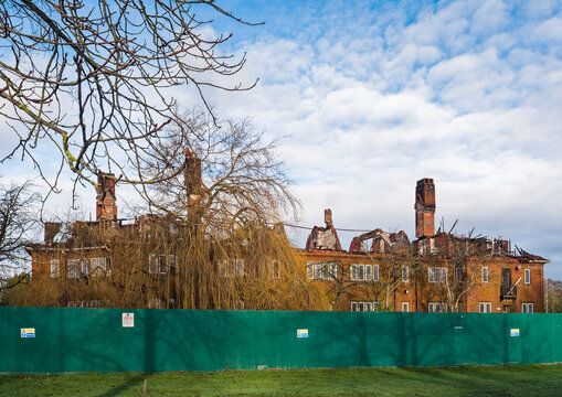 Remains of Henderson Hall in the High Heaton suburb of Newcastle upon Tyne after being devastated by an arson attact on 8th June 2023.