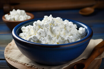curd in a blue bowl on the table. healthy food, fermented milk product, cooking at home.