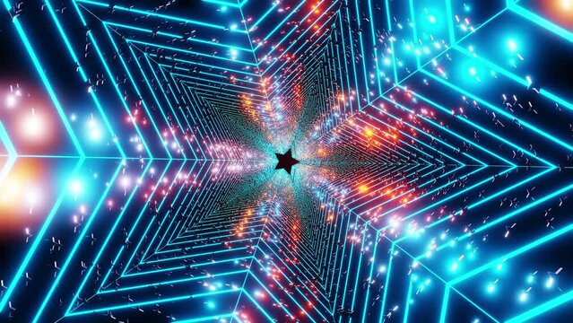 Abstract, neon, endless colorful star tunnel with flying particles in space. VJ video motion background