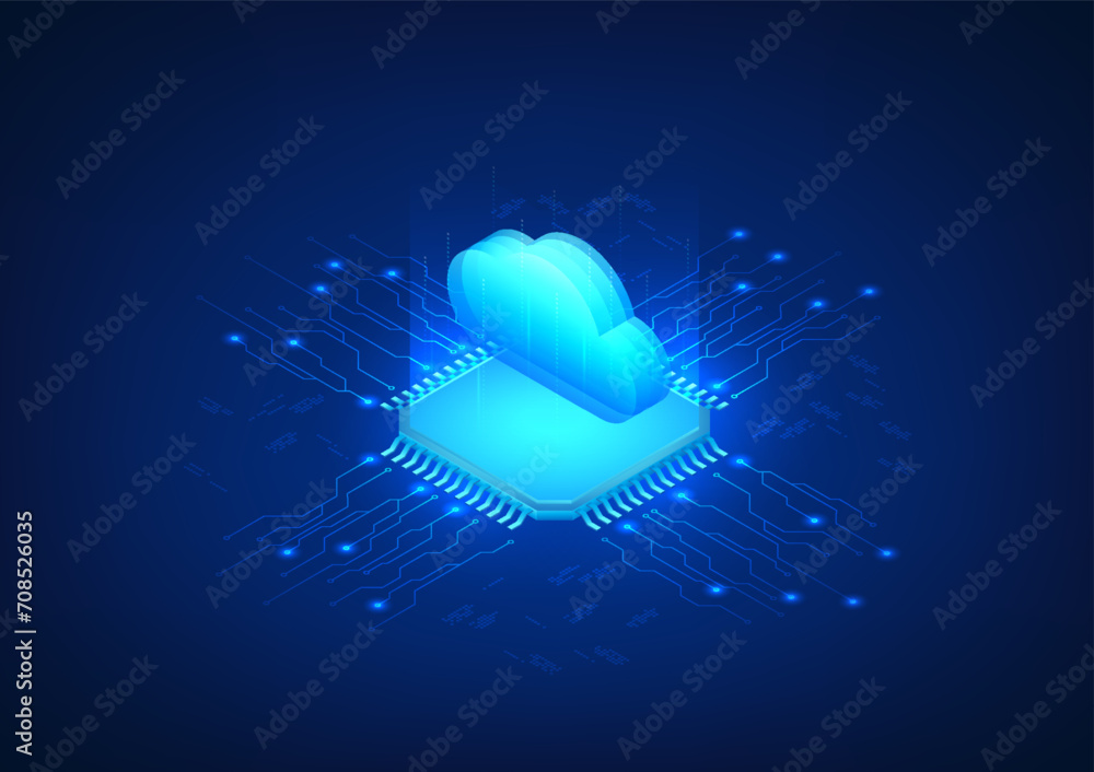 Poster cloud technology background below is the microchip connected to the technology circuit it shows the 