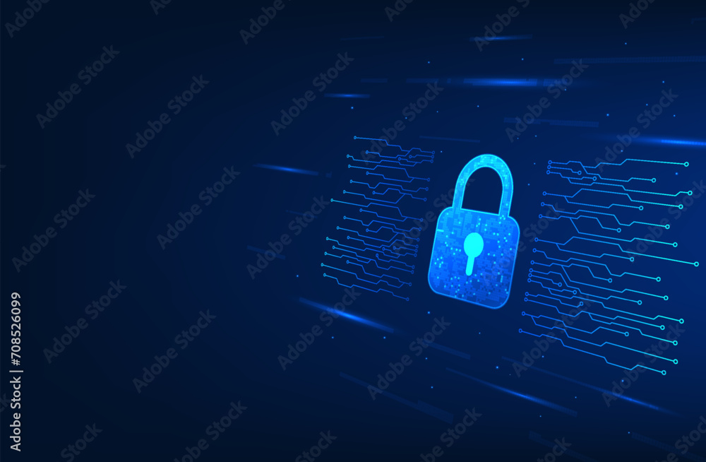 Poster background technology cyber security, pixel size lock connected to technology circuit it represents 