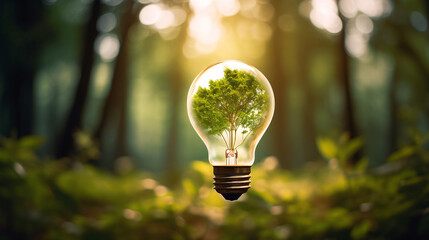 Light bulb on green forest background, renewable sustainable energy and eco friendly idea concept. 