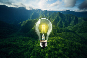 Light bulb on forest mountain background, sustainability, renewable green energy and idea concept. - obrazy, fototapety, plakaty