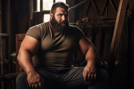 brutal and powerful obese man with a beard. rugged, thick guy. impressive portrait of a plus size male person.