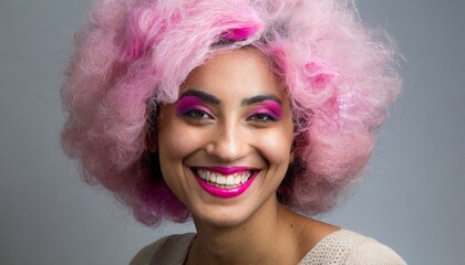 Fototapeta premium Pink haired and colored smiling woke woman